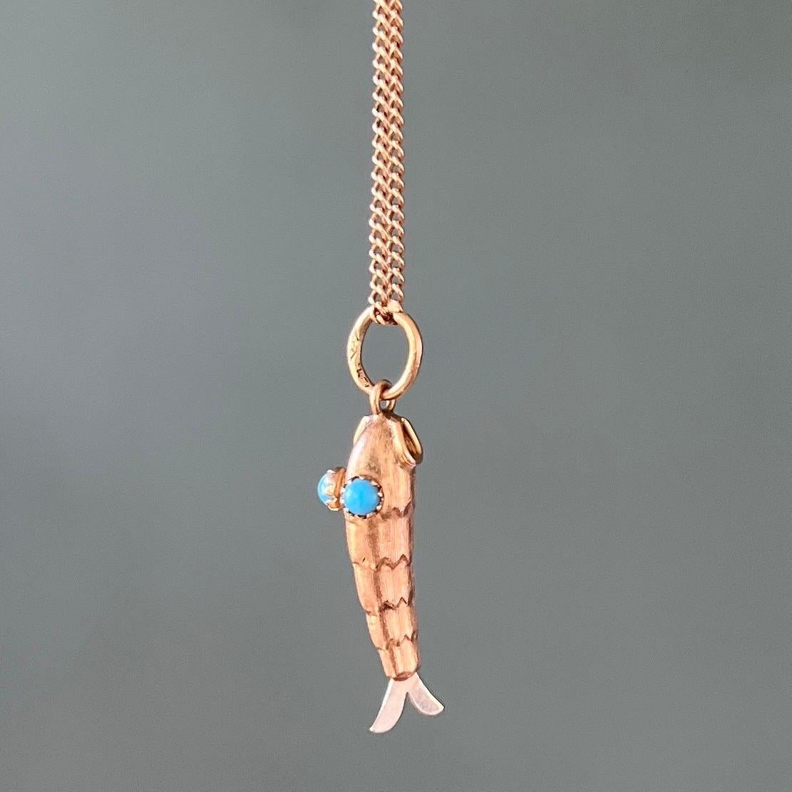Cabochon Vintage 18K Gold and Silver Turquoise Fish Charm Pendant For Sale