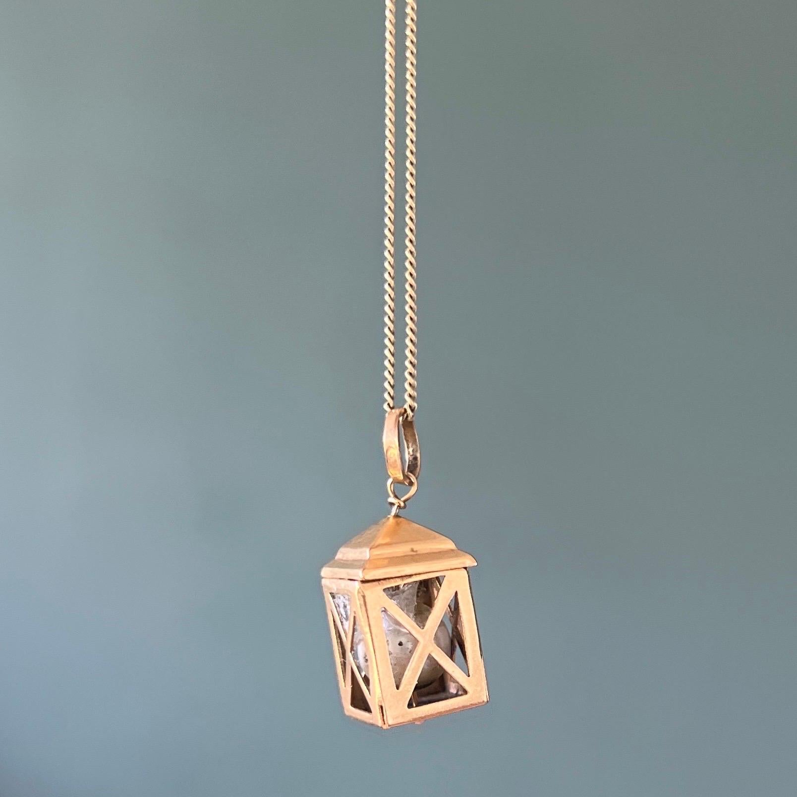 Round Cut Vintage 18K Gold Italian Pearl Lantern Charm Pendant For Sale
