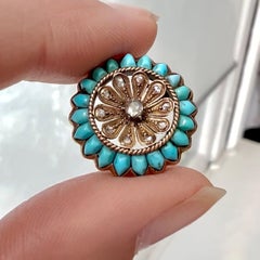 Broche victorienne ancienne en forme de fleur avec diamants et turquoise taille rose