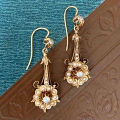 Antique 14K Gold Seed Pearl Floral Dangle Earrings