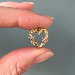 Vintage French 14K Gold Floral Heart Love Charm Pendant