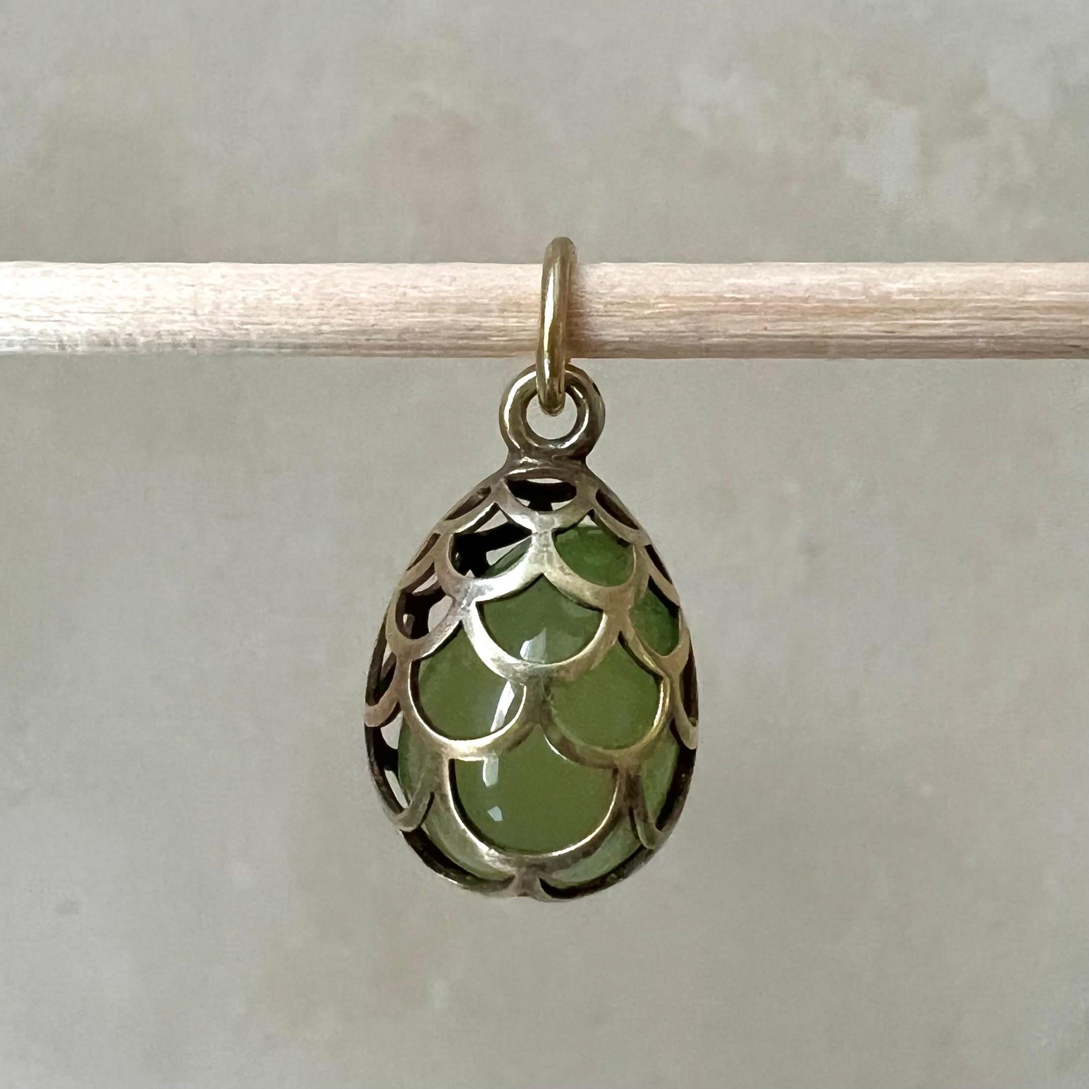 Art Deco Vintage Jade Egg Pendant Caged in Silver Gilt Frame For Sale