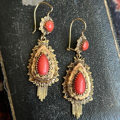 Vintage 14K Gold Red Coral Dangle Earrings