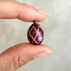 Purple Enameled Guilloche and Gold Egg Pendant with Zirconia