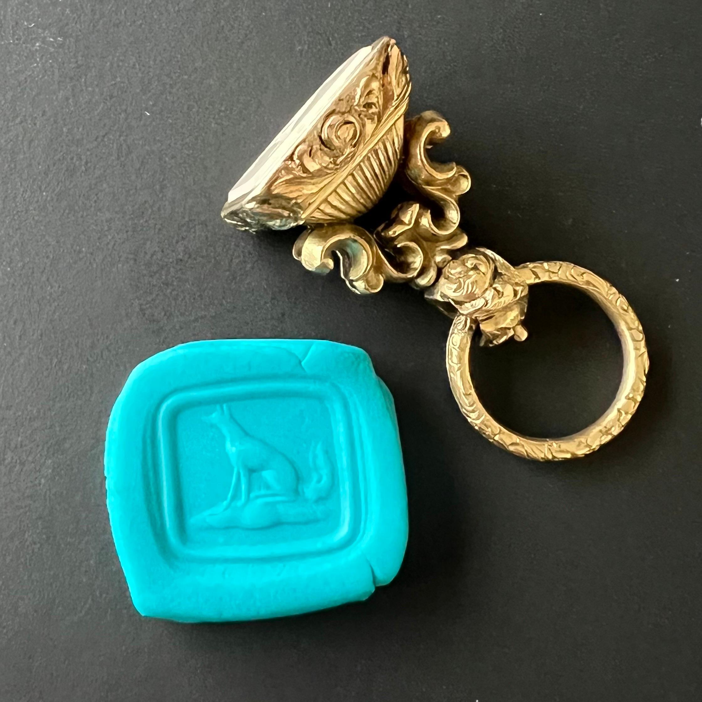 Antique Victorian Gold Chalcedony Fox Seal with Chased Split Ring Fob Pendant For Sale 2