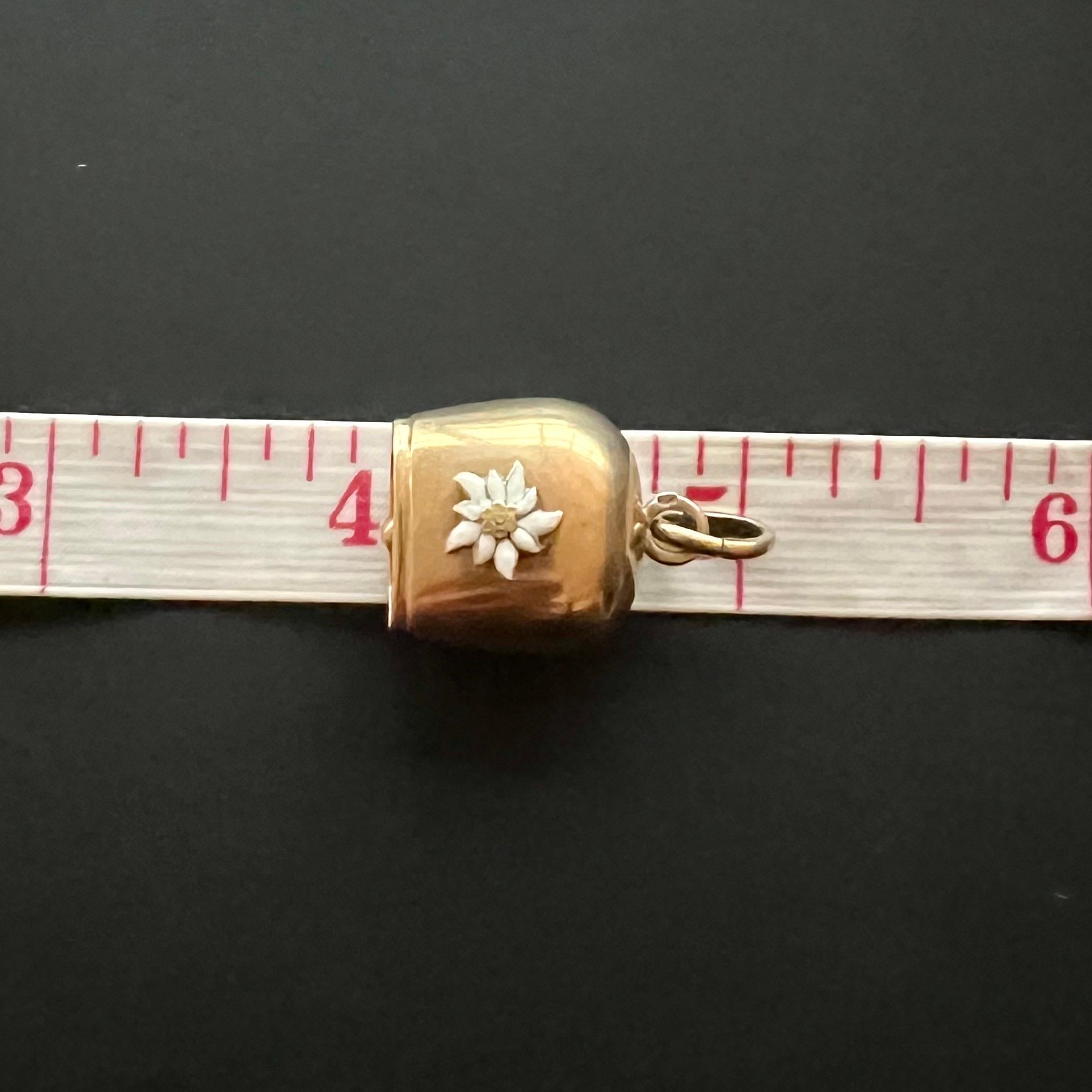 White Enameled Edelweiss Gold Cow Bell Charm Pendant 4