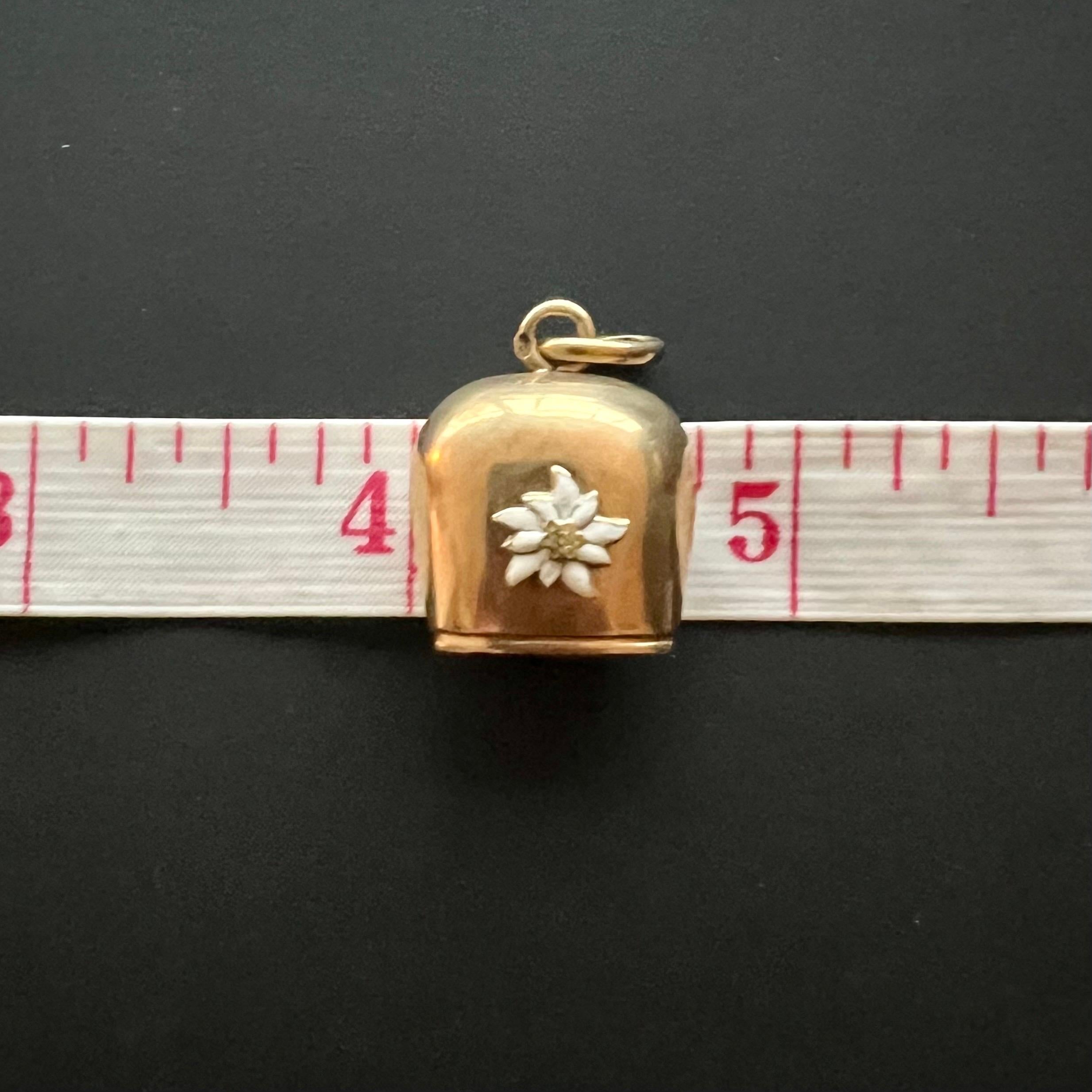 White Enameled Edelweiss Gold Cow Bell Charm Pendant 5