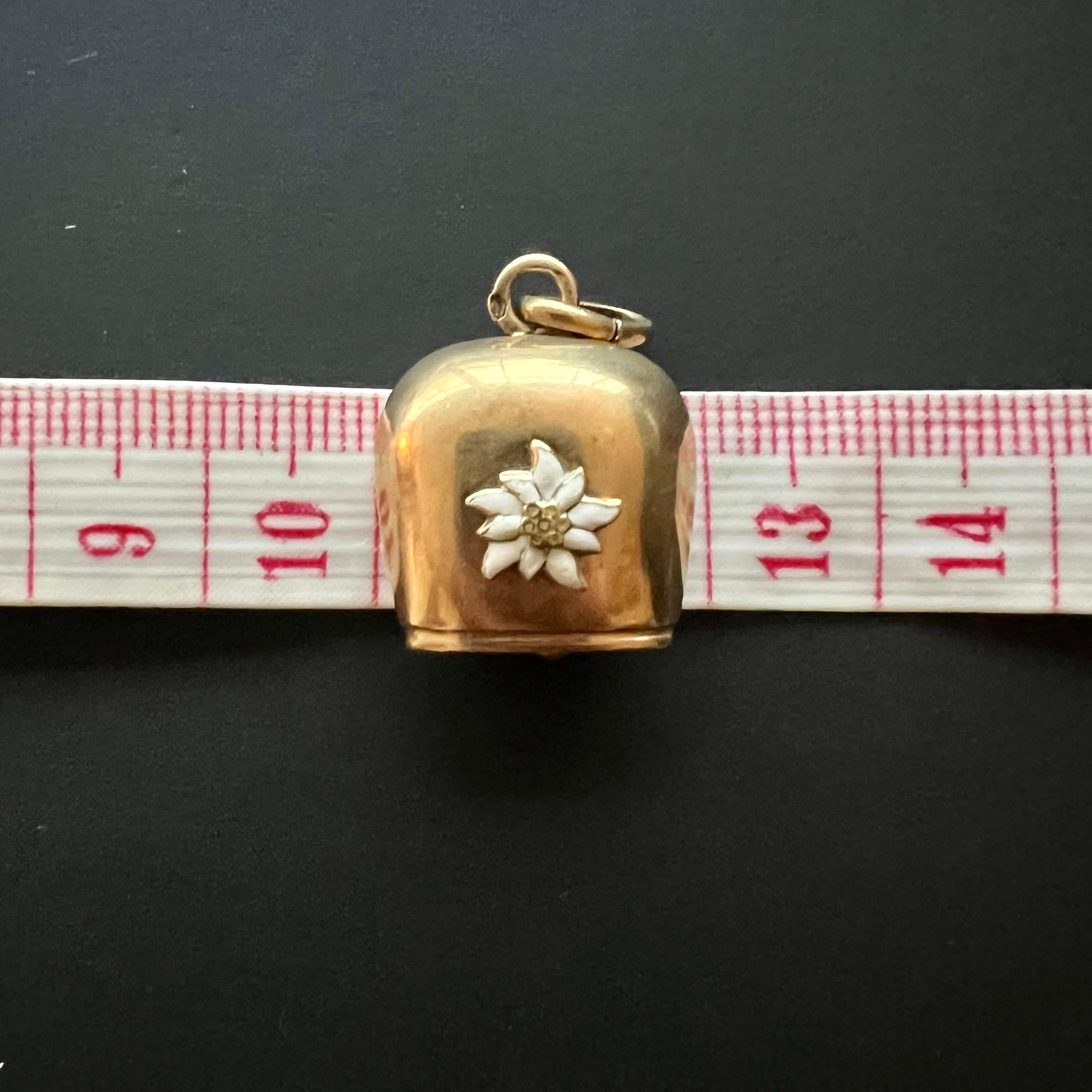 White Enameled Edelweiss Gold Cow Bell Charm Pendant 6