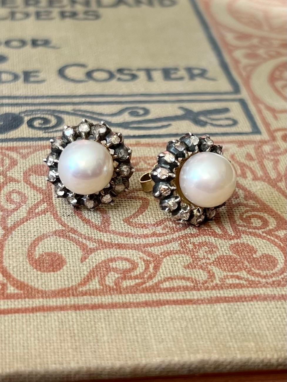 Taille rose Boucles d'oreilles du début du 20e siècle en diamants taillés en rose et perles de culture en vente