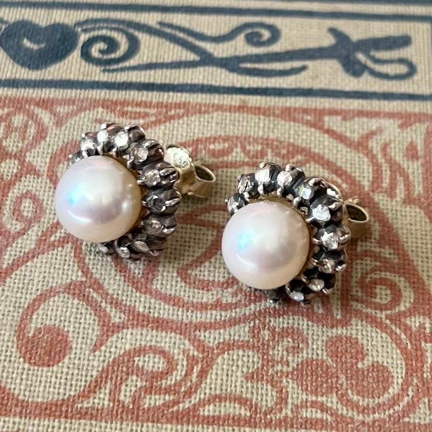 Boucles d'oreilles du début du 20e siècle en diamants taillés en rose et perles de culture Pour femmes en vente