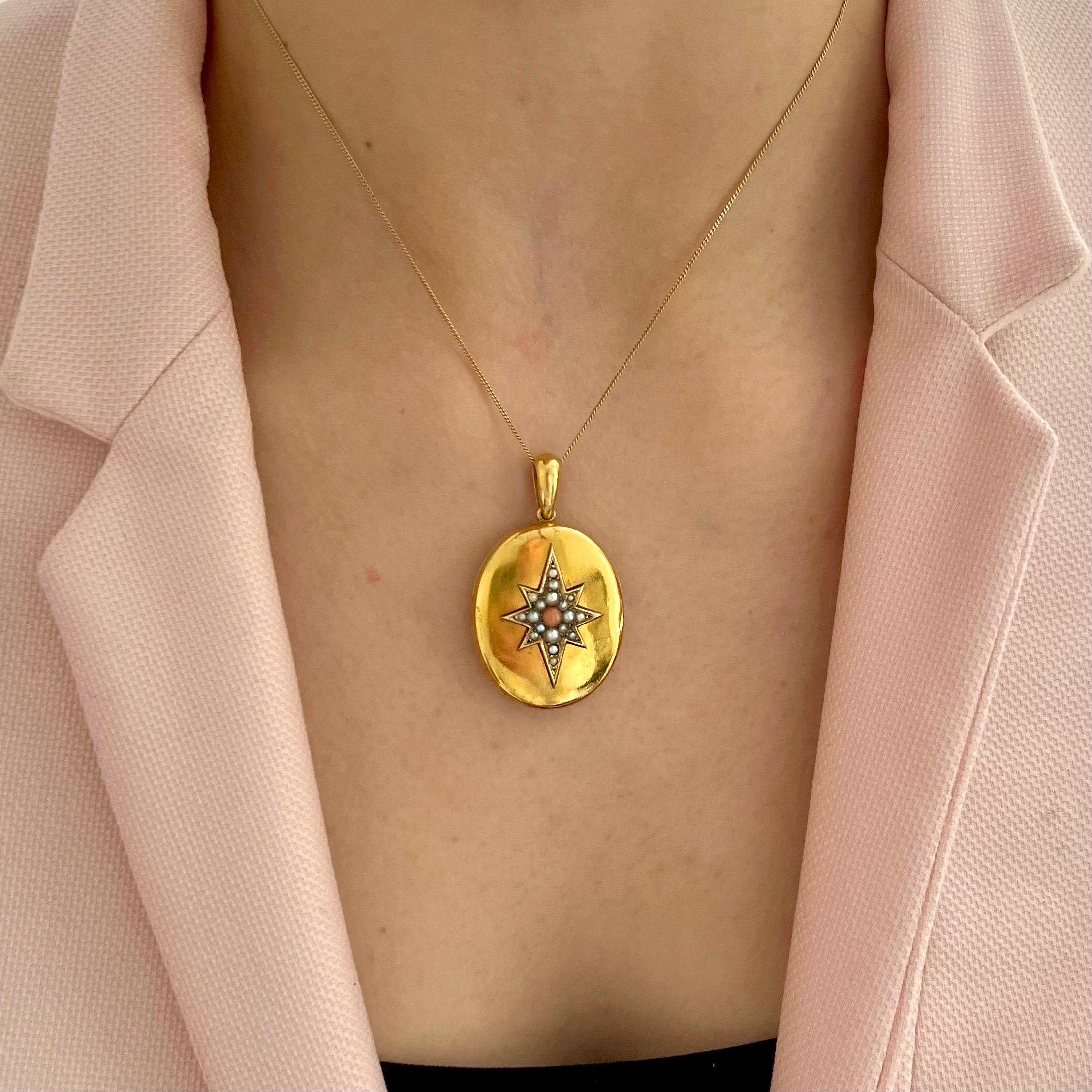 This Victorian locket pendant is a refined example of sentimental 19th-century jewelry, beautifully crafted in 14 karat yellow gold and designed with both elegance and symbolism in mind.

The front of the locket features a striking eight-pointed