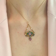 Victorian 14K Gold Filigree Pendant with Pearls, Emeralds & Pink Topaz, ca. 1850