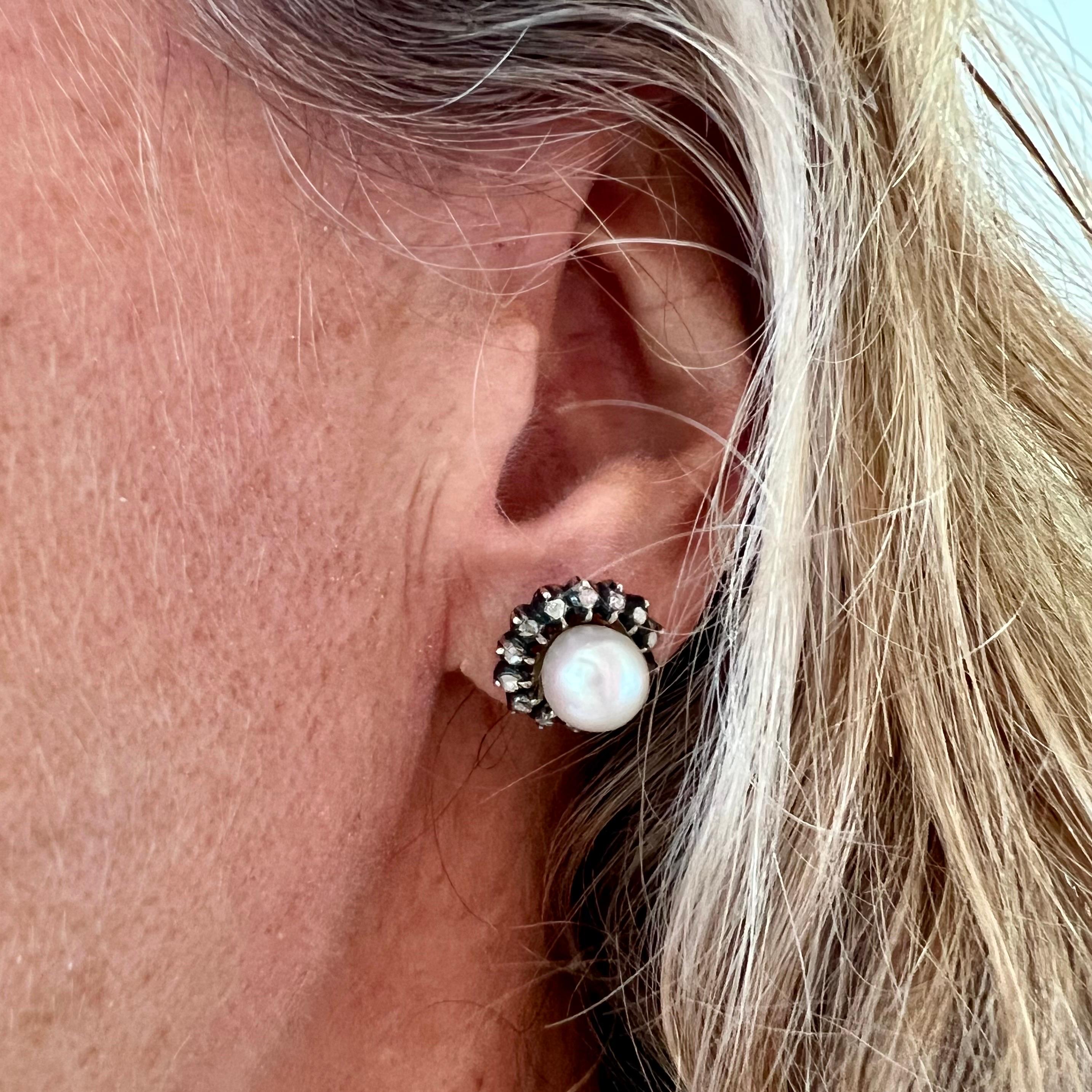 Ces élégantes boucles d'oreilles présentent des perles de culture blanches lumineuses mesurant environ 14 millimètres de diamètre, chacune encadrée par un halo de diamants taille rose de style ancien. Les diamants sont sertis dans de l'argent et de