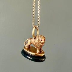 Antique Heliotrope Seal Fob Pendant with 18K Gold Lion