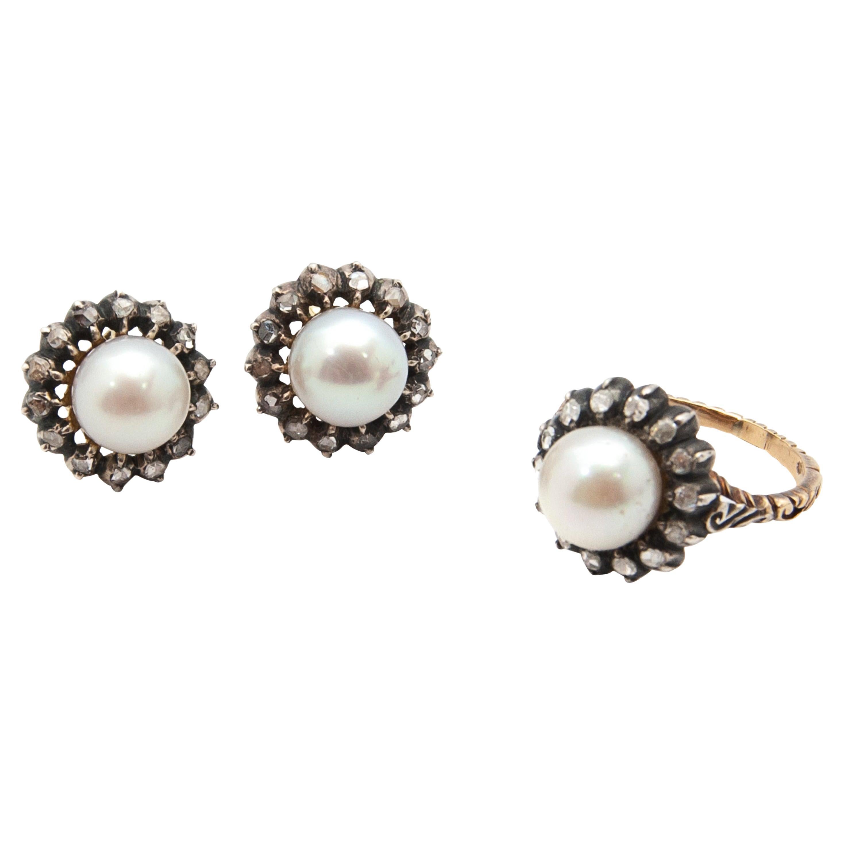Early 20th Century Diamond Pearl 14K Gold Earrings and Ring, Jewelry Set In Good Condition In Rotterdam, NL