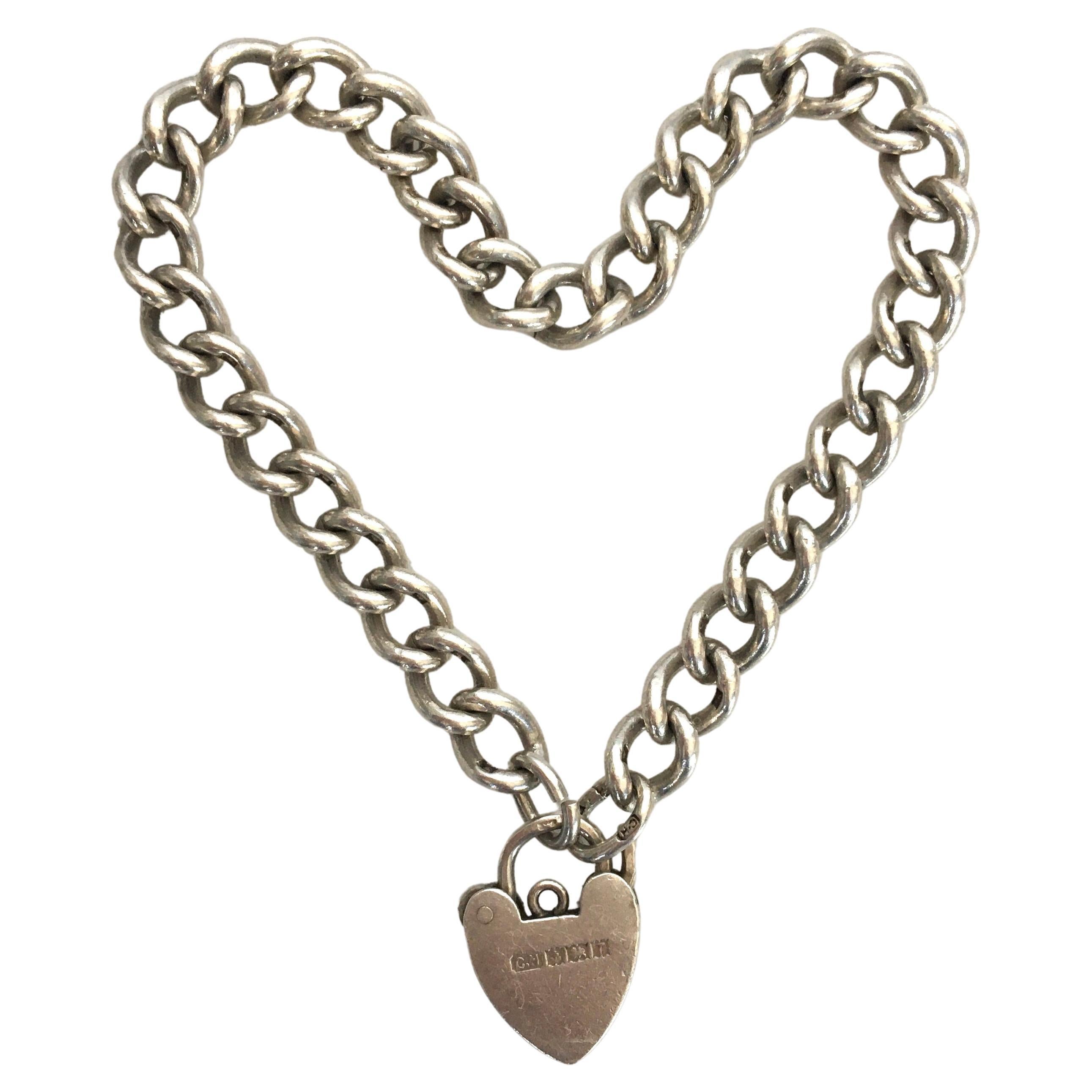 Vintage Heart Padlock Silver Curb Charm Bracelet