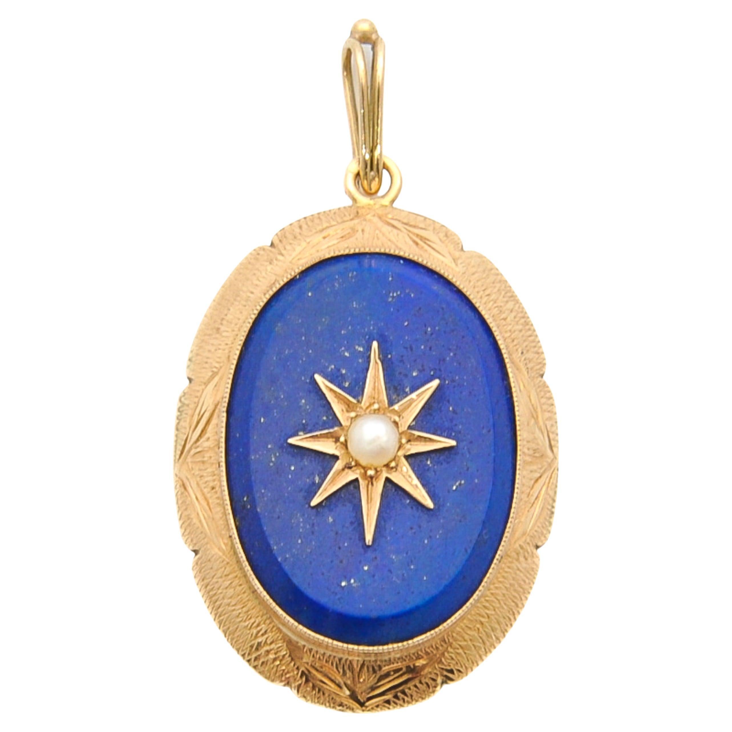 Vintage Lapis Lazuli Pearl 14 Karat Gold Pendant