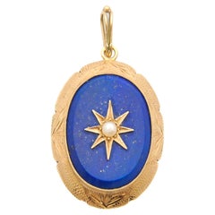 Vintage Lapis Lazuli Pearl 14 Karat Gold Pendant