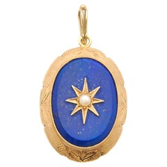 Pendentif vintage en or 14 carats avec lapis-lazuli et perles