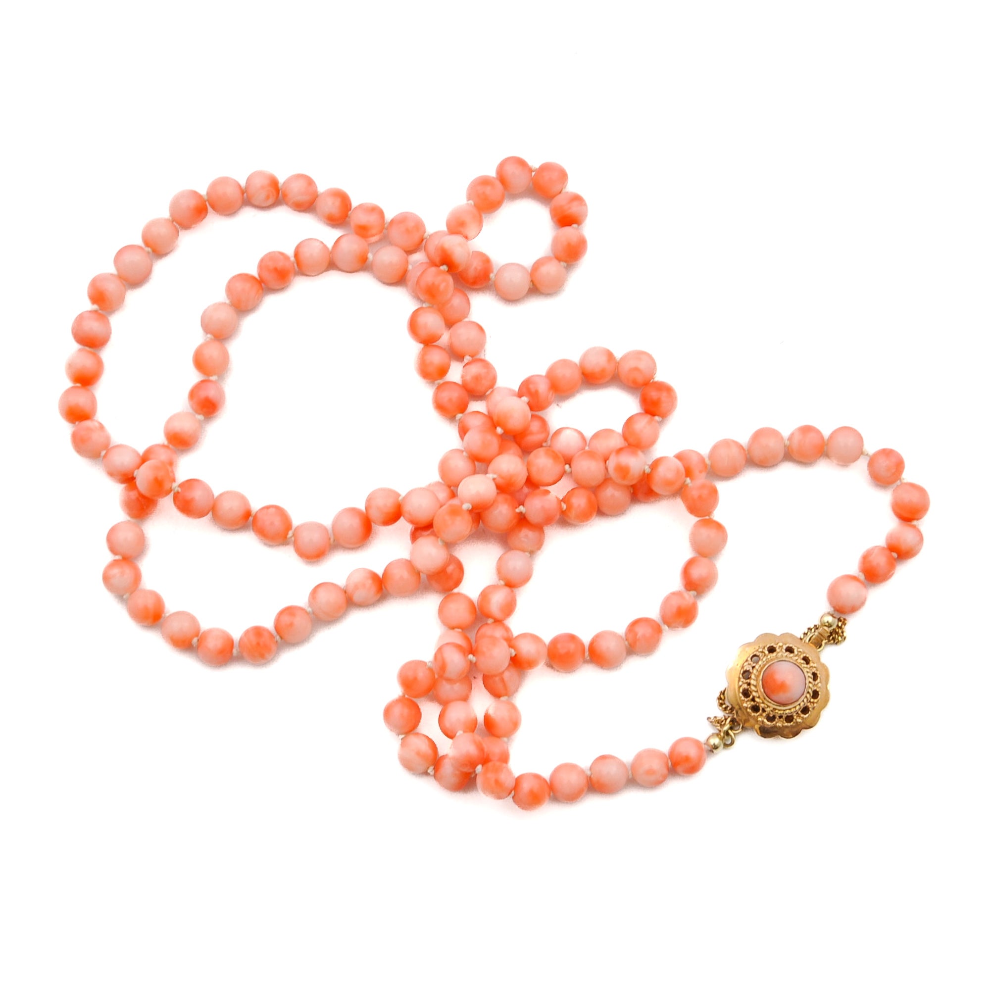 Art Deco Pink Coral 14K Gold Beaded Necklace For Sale