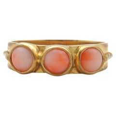 Vintage Pink Coral Triple Cabochon Stone 14k Gold Band Ring