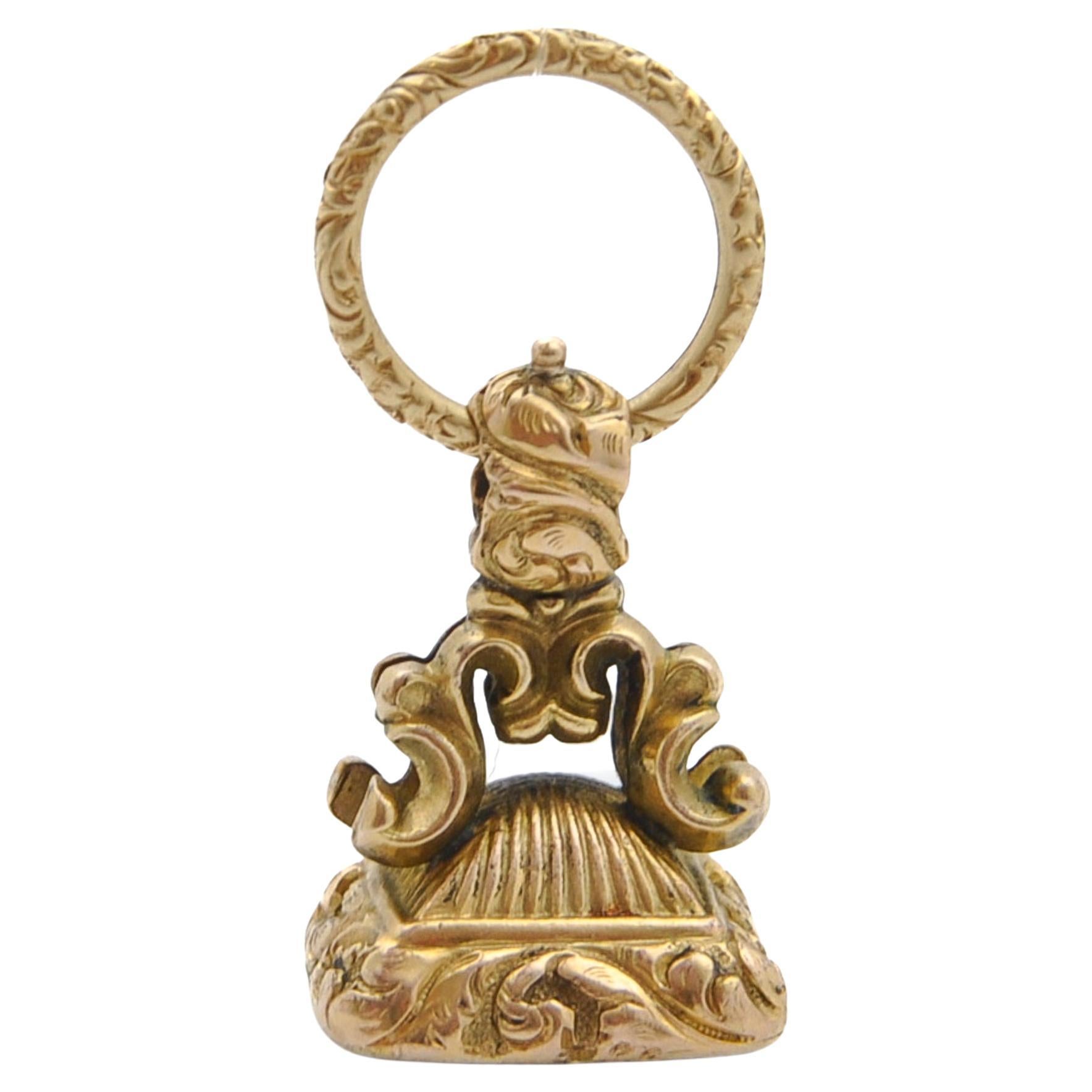 Antique Victorian 9K Gold Chalcedony Intaglio Fox Seal Fob For Sale