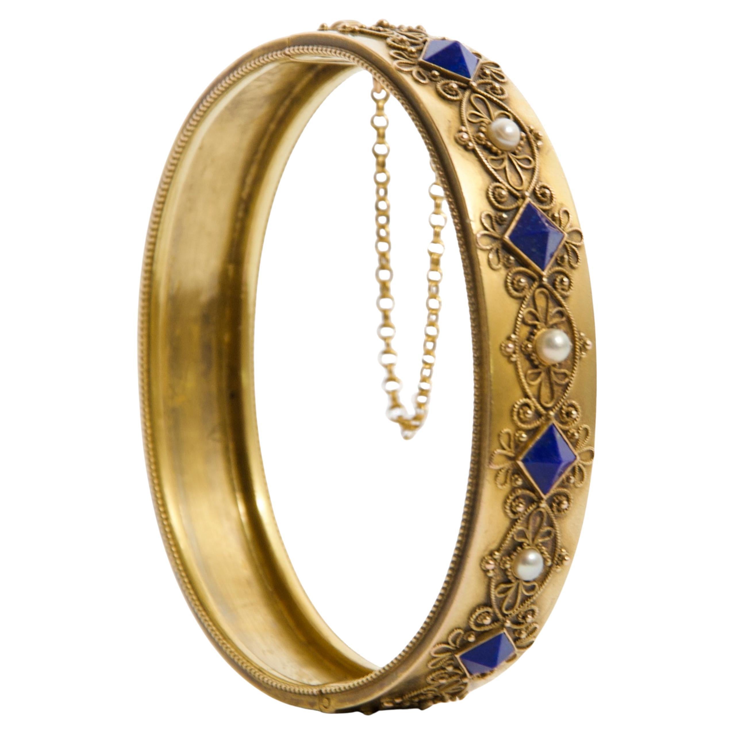 Antique 14K Gold Lapis Lazuli and Pearl Clamper Bracelet, 19th Century