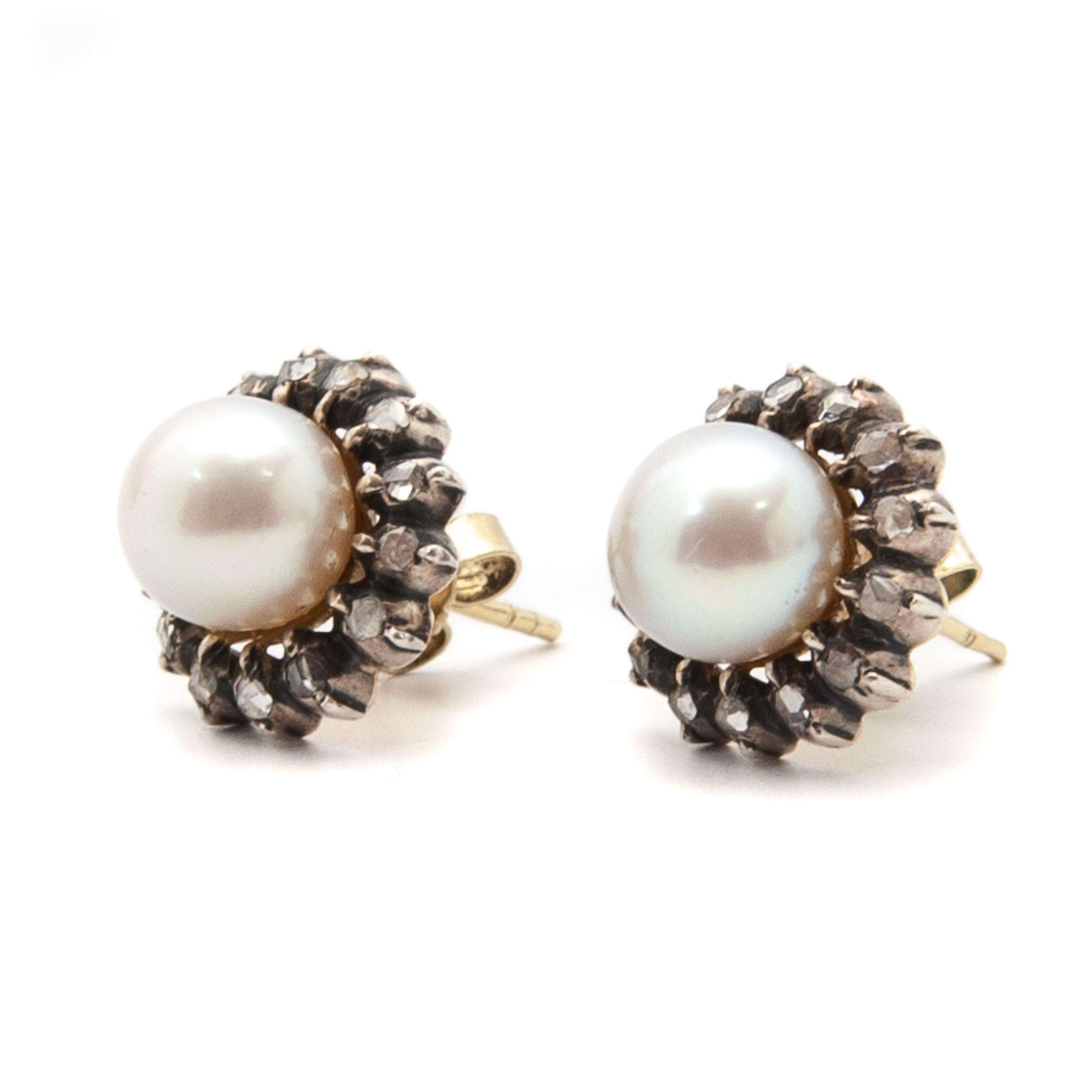 Boucles d'oreilles du début du 20e siècle en diamants taillés en rose et perles de culture Bon état - En vente à Rotterdam, NL