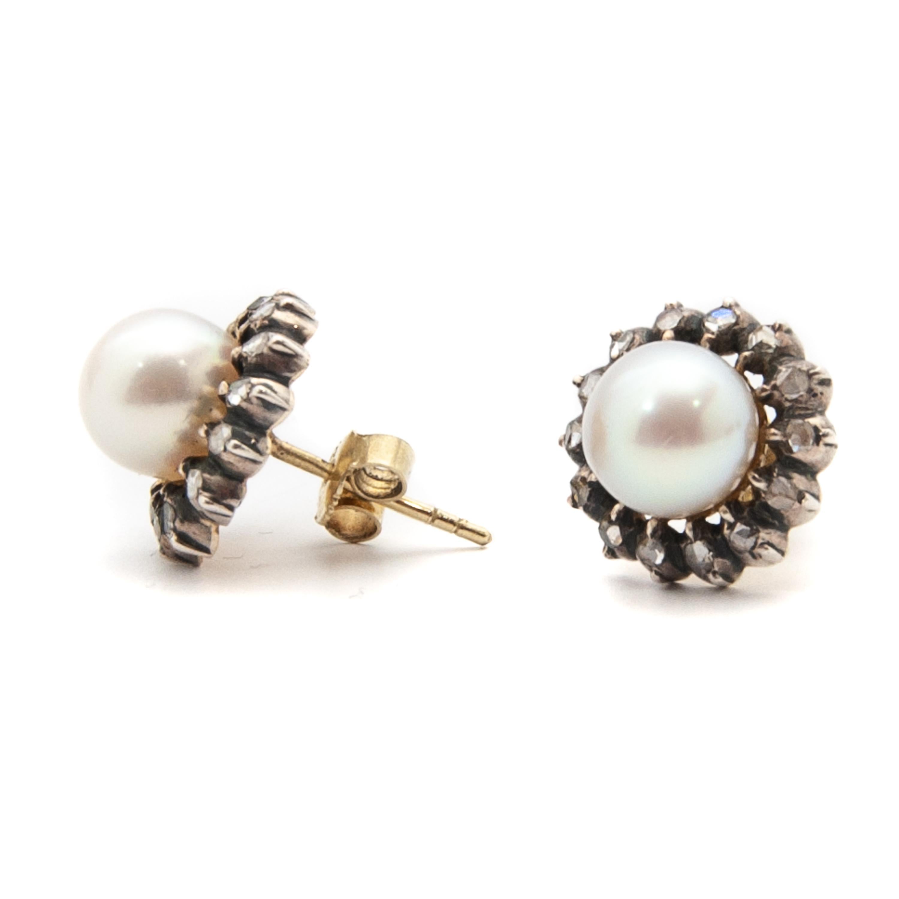 Boucles d'oreilles du début du 20e siècle en diamants taillés en rose et perles de culture en vente 1