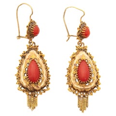 Vintage 14K Gold Red Coral Dangle Earrings, Netherlands 1906-1953