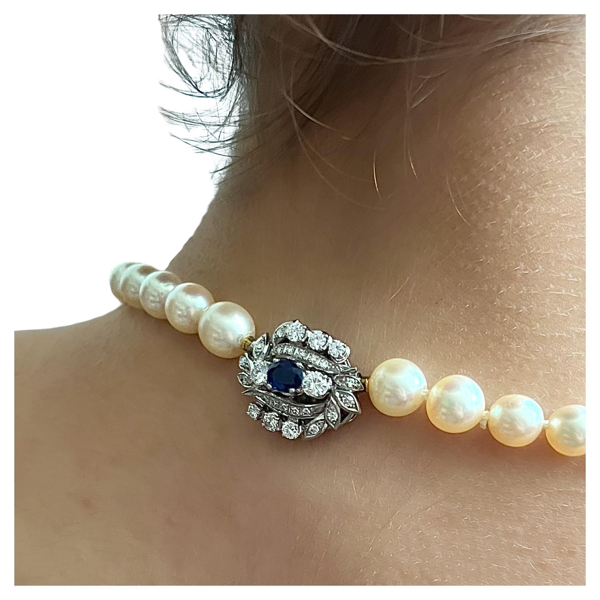 Vintage Akoya Pearl Necklace with Sapphire and Diamond 14K White Gold Clasp
