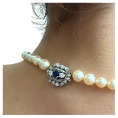 Vintage Akoya Pearl Necklace with Sapphire and Diamond 14K White Gold Clasp