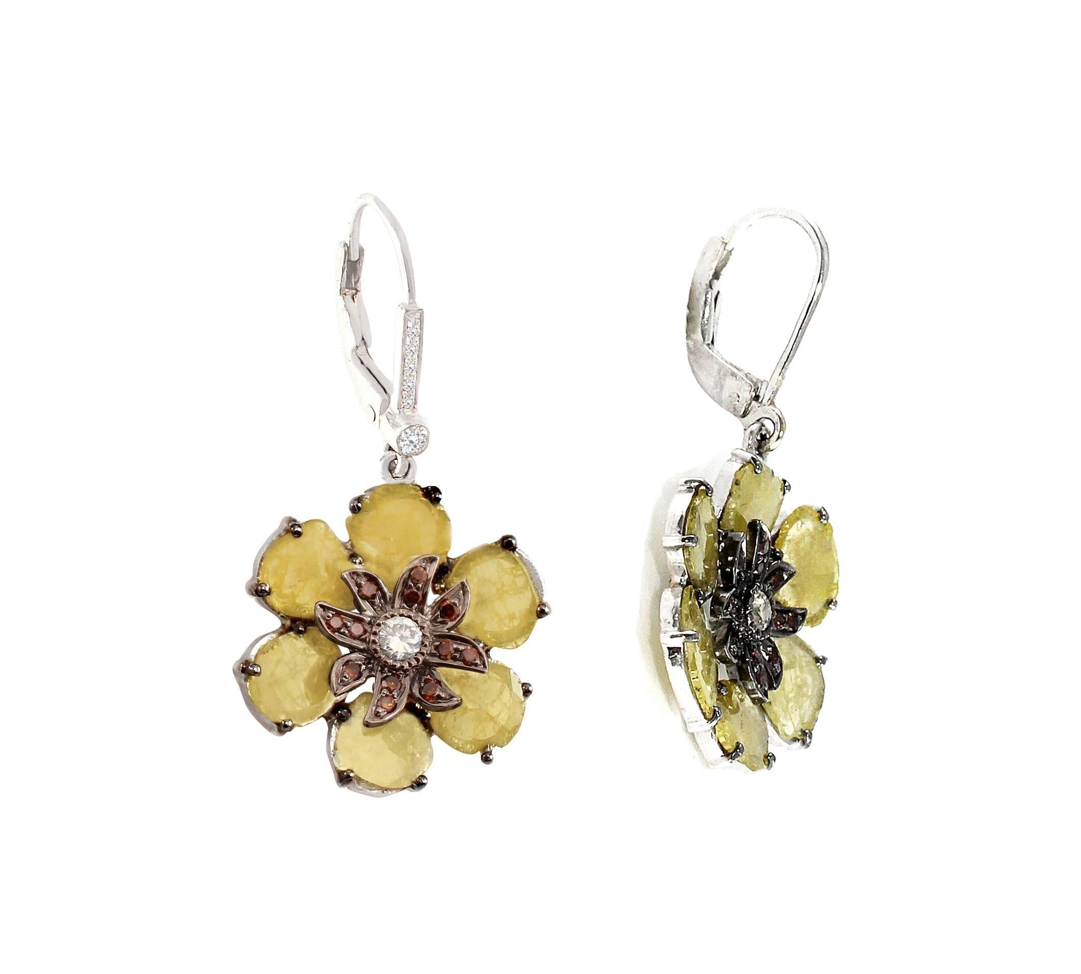 Yellow Slice Diamond Floral Earrings accented with Natural Burnt Orange and White Diamonds with 3.41cts. total diamond weight set in 18k gold