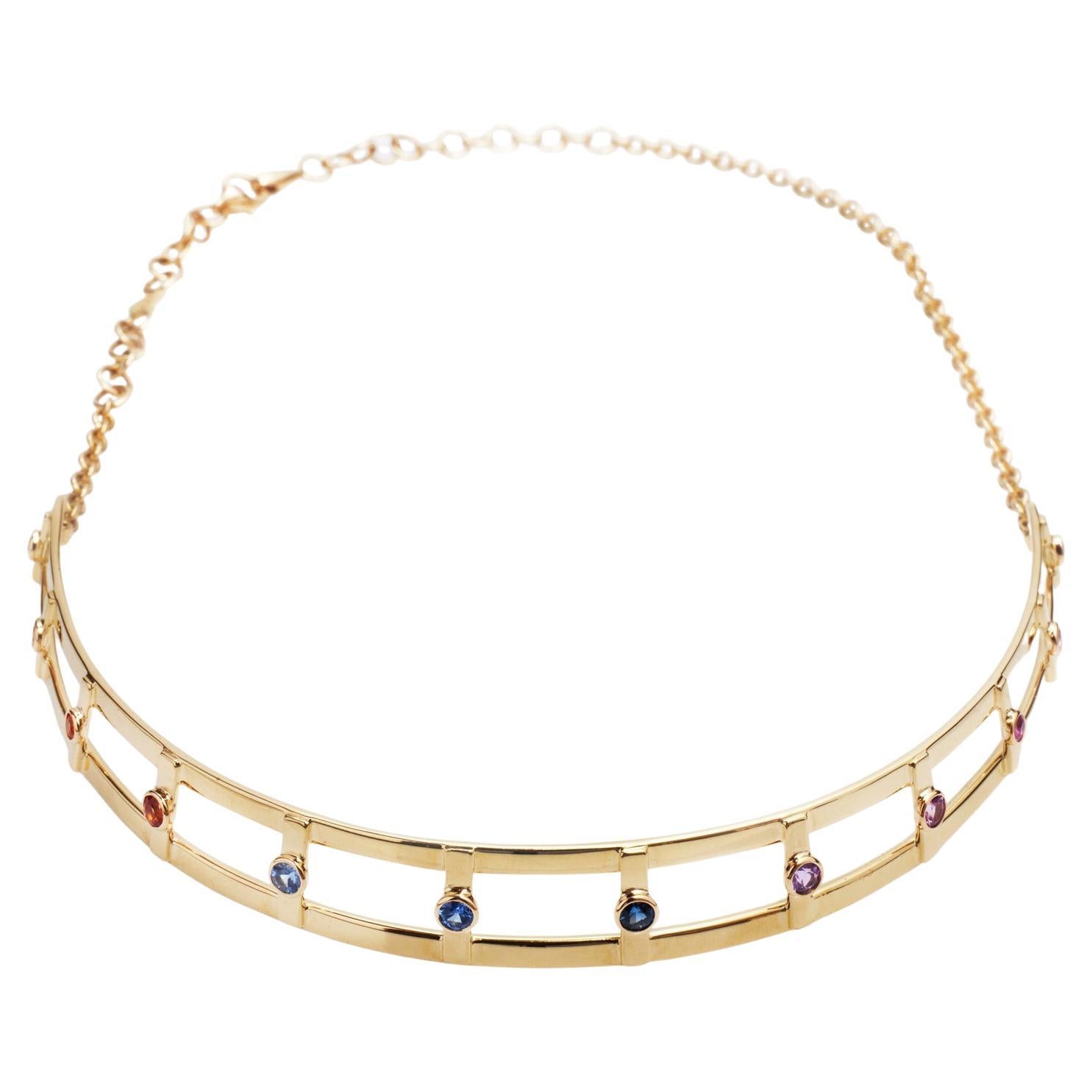 18 Karat Yellow Gold 12 Brilliant Cut Sapphires Collar Choker Necklace  For Sale