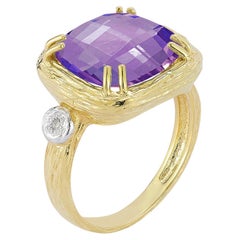 Hand-Crafted 14K Gold 0.03 ct. tw. Diamond & 12mm 6.0CT Amethyst Color Ring