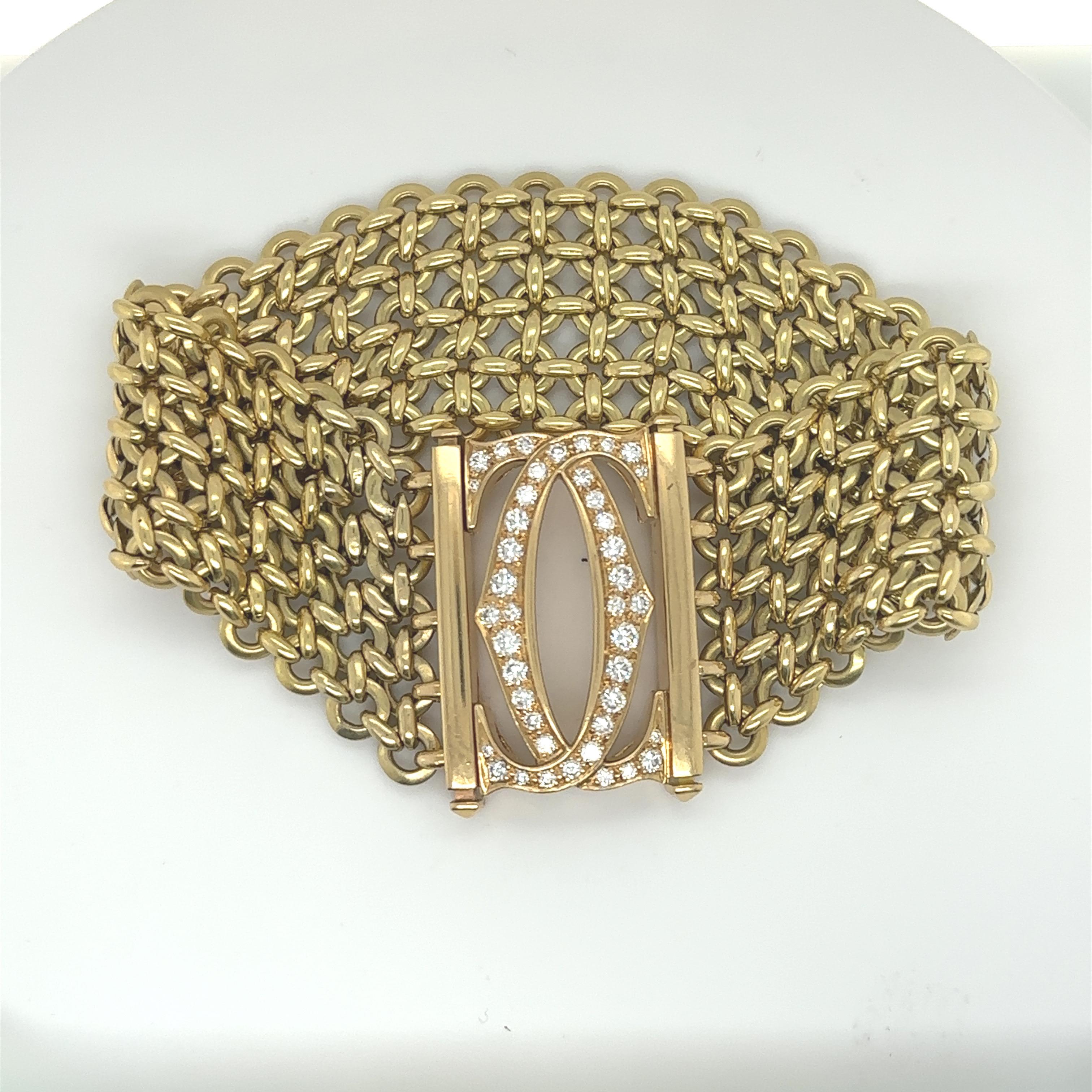 Cartier 'Penelope' Diamond Double C Yellow Gold Bracelet In Excellent Condition For Sale In New York, NY