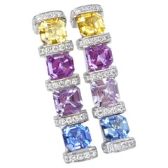 Certified Asscher Cut Sapphires & Diamond Earrings. Vivid Colors!