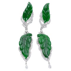Vintage Certified Jadeite Jade and Diamond Drop Earrings, Intense Imperial Green