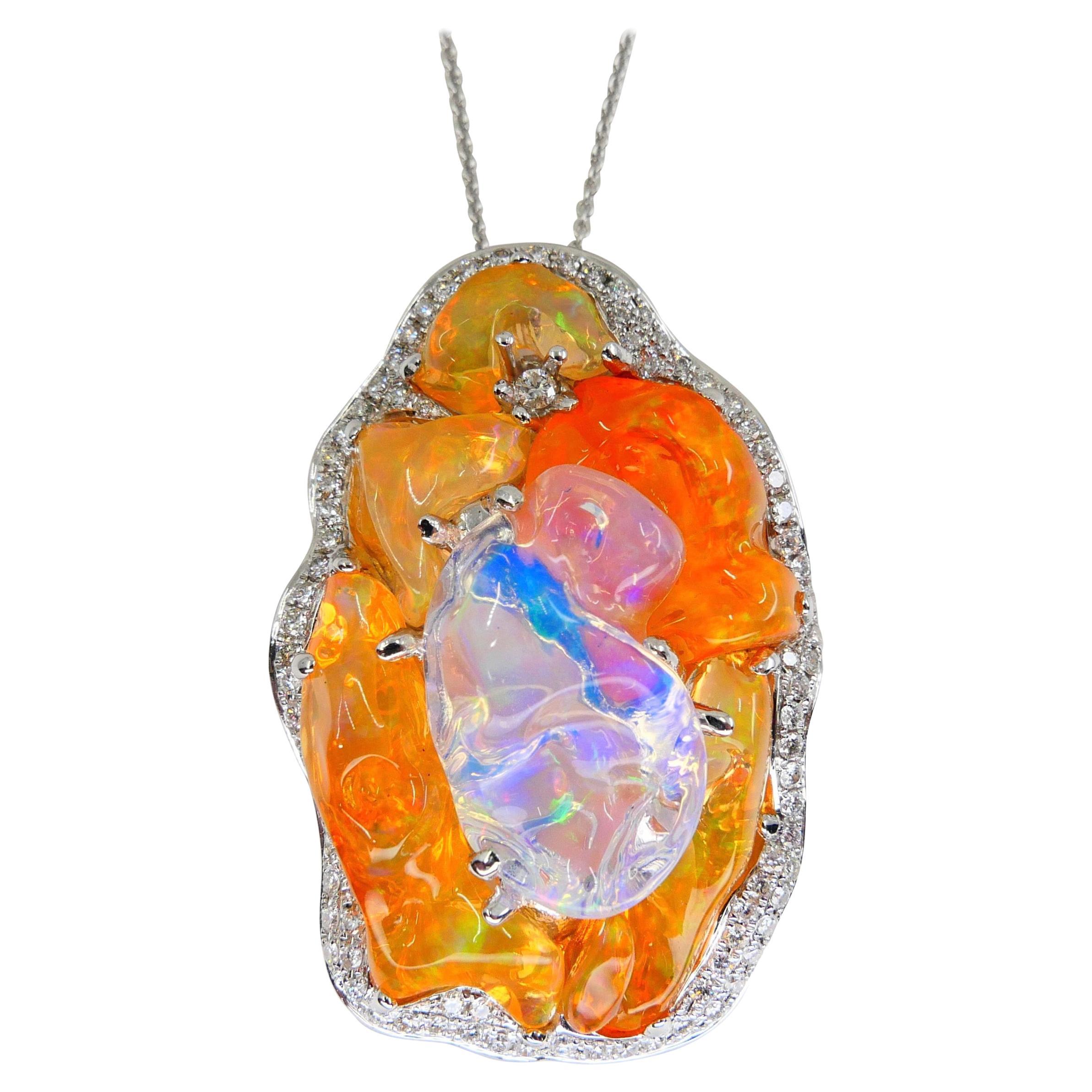 Important Certified Mexican Fire Opal & Diamond Pendant, Excellent Play of Color For Sale