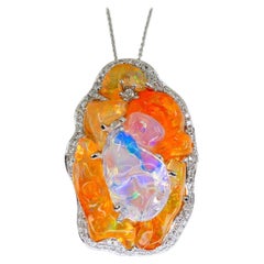Important Certified Mexican Fire Opal & Diamond Pendant, Excellent Play of Color