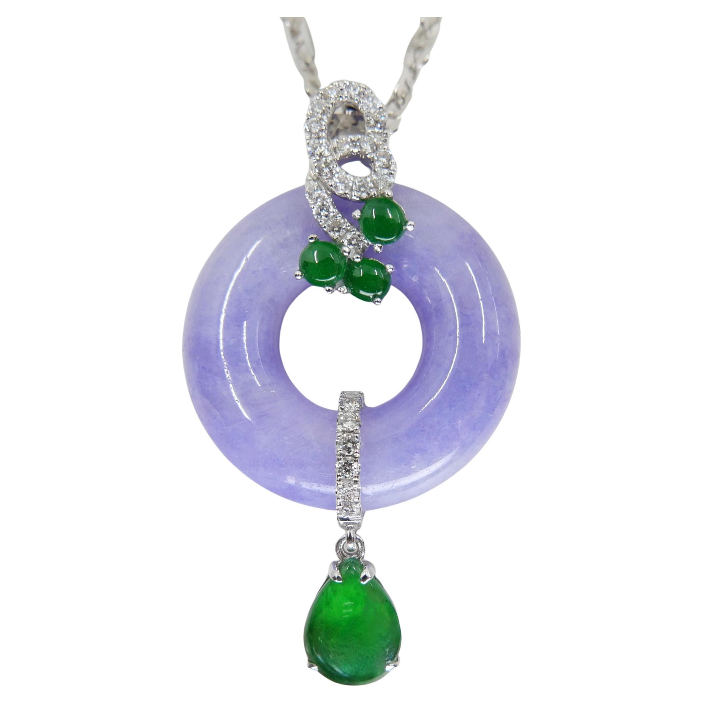 Certified Lavender & Imperial Green Jade Diamond Pendant Drop Necklace. 