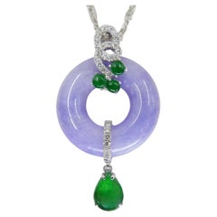 Certified Lavender & Imperial Green Jade Diamond Pendant Drop Necklace.