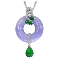 Certified Lavender & Imperial Green Jade Diamond Pendant Drop Necklace. 