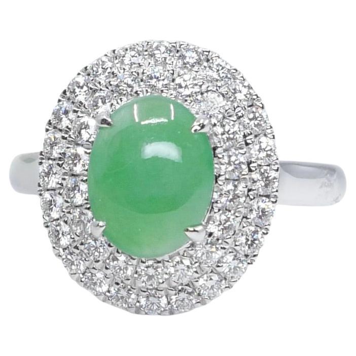 Certified 1.59 Carat Natural Jade & Diamond Cocktail Ring, Apple Green Color For Sale