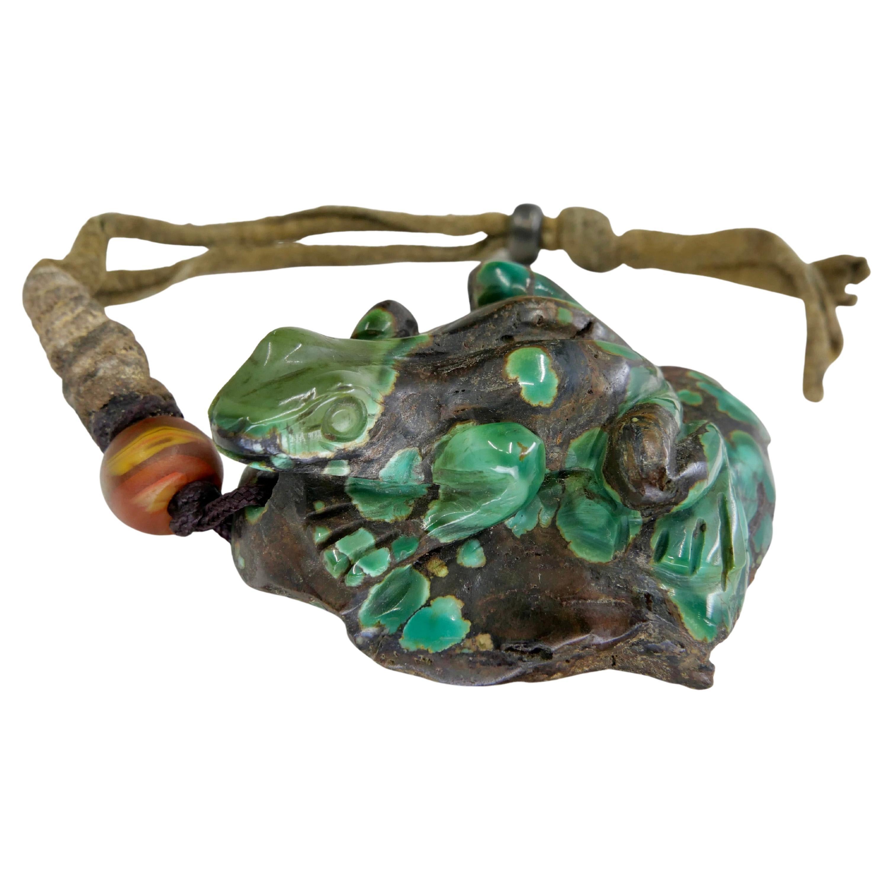 Rough Cut Antique Natural Carved Turquoise Frog Decoration, Lifelike and Exquisite For Sale