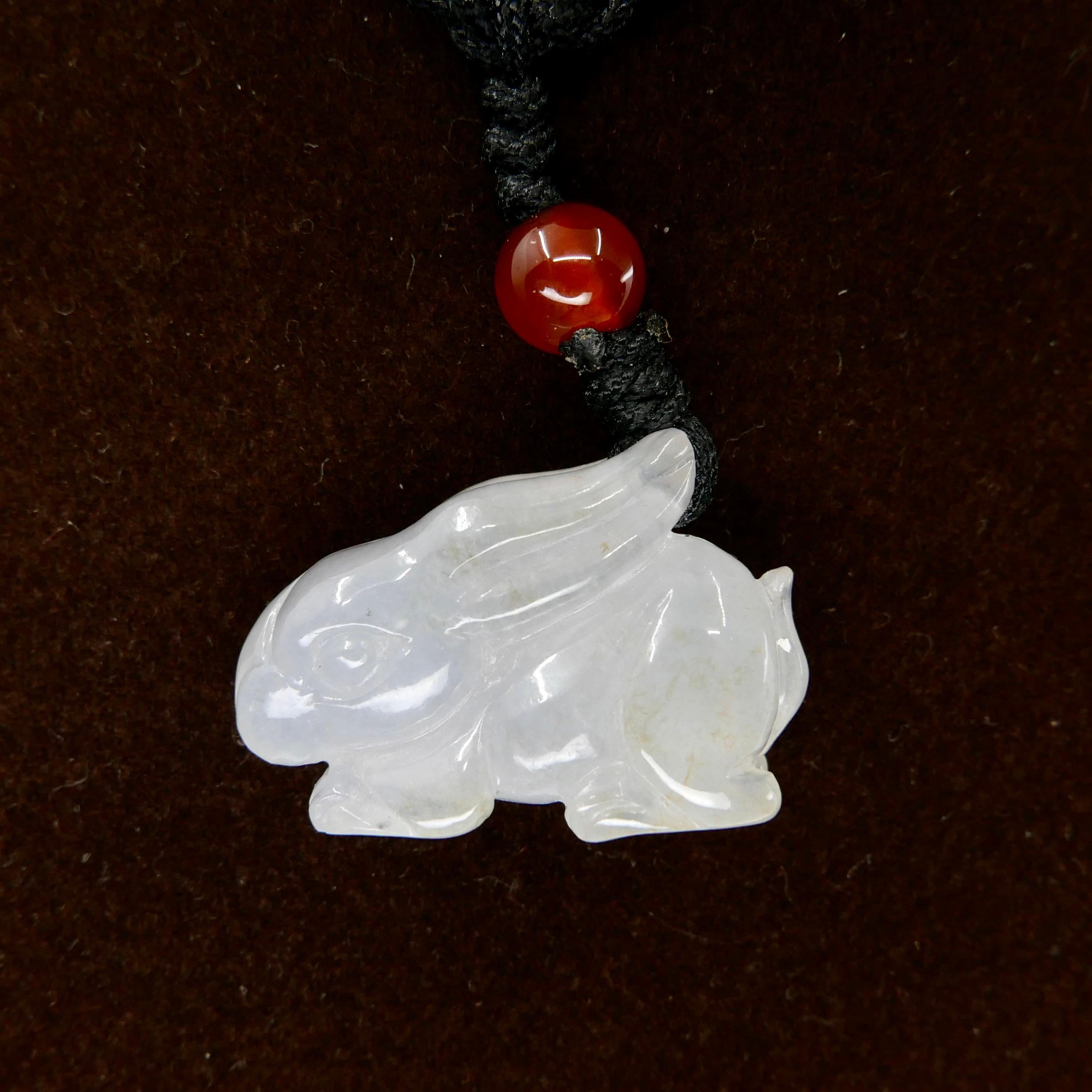 Certified 28.81 Carat Icy Jade Rabbit Pendant Necklace, Year of the Rabbit For Sale 5