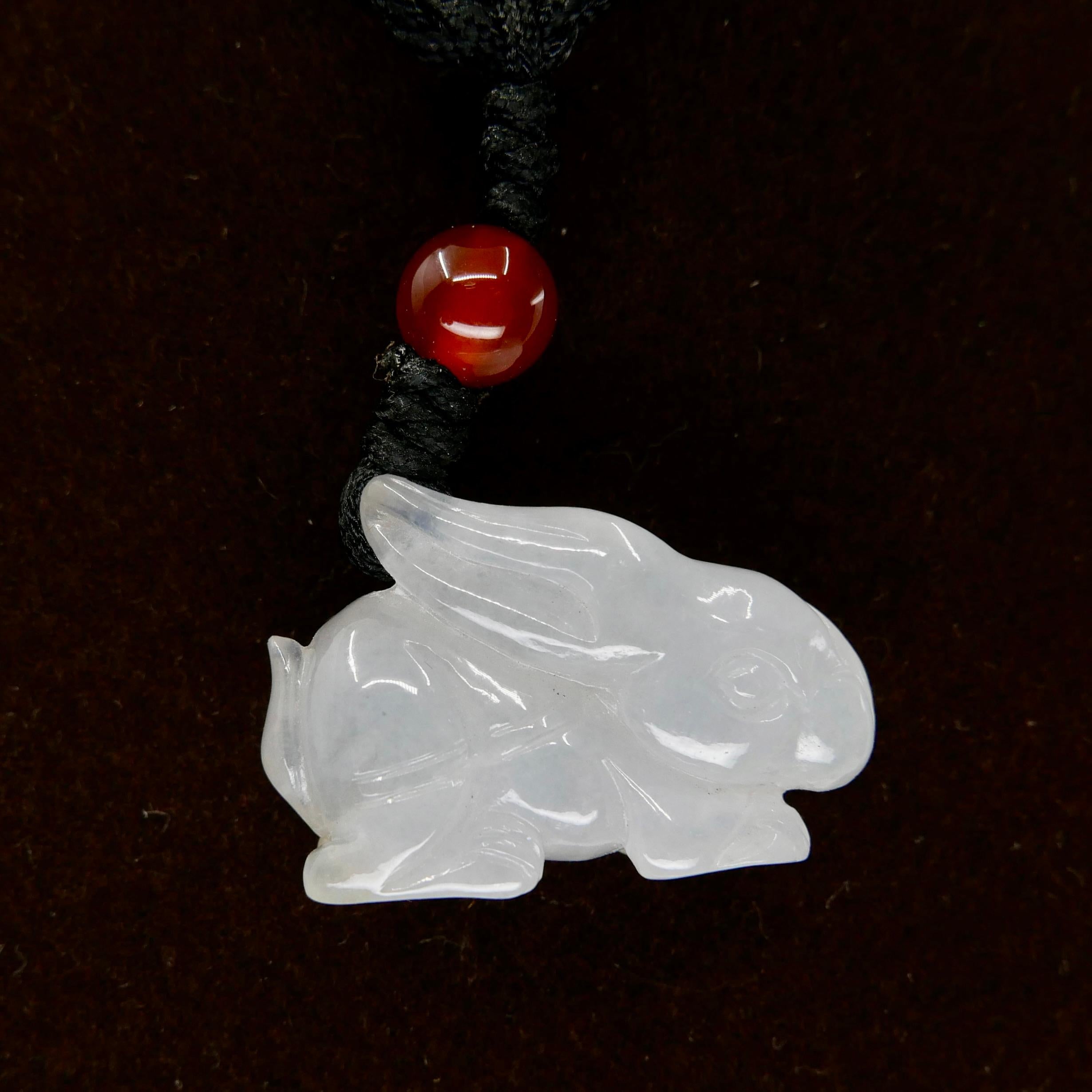 Women's or Men's Certified 28.81 Carat Icy Jade Rabbit Pendant Necklace, Year of the Rabbit For Sale