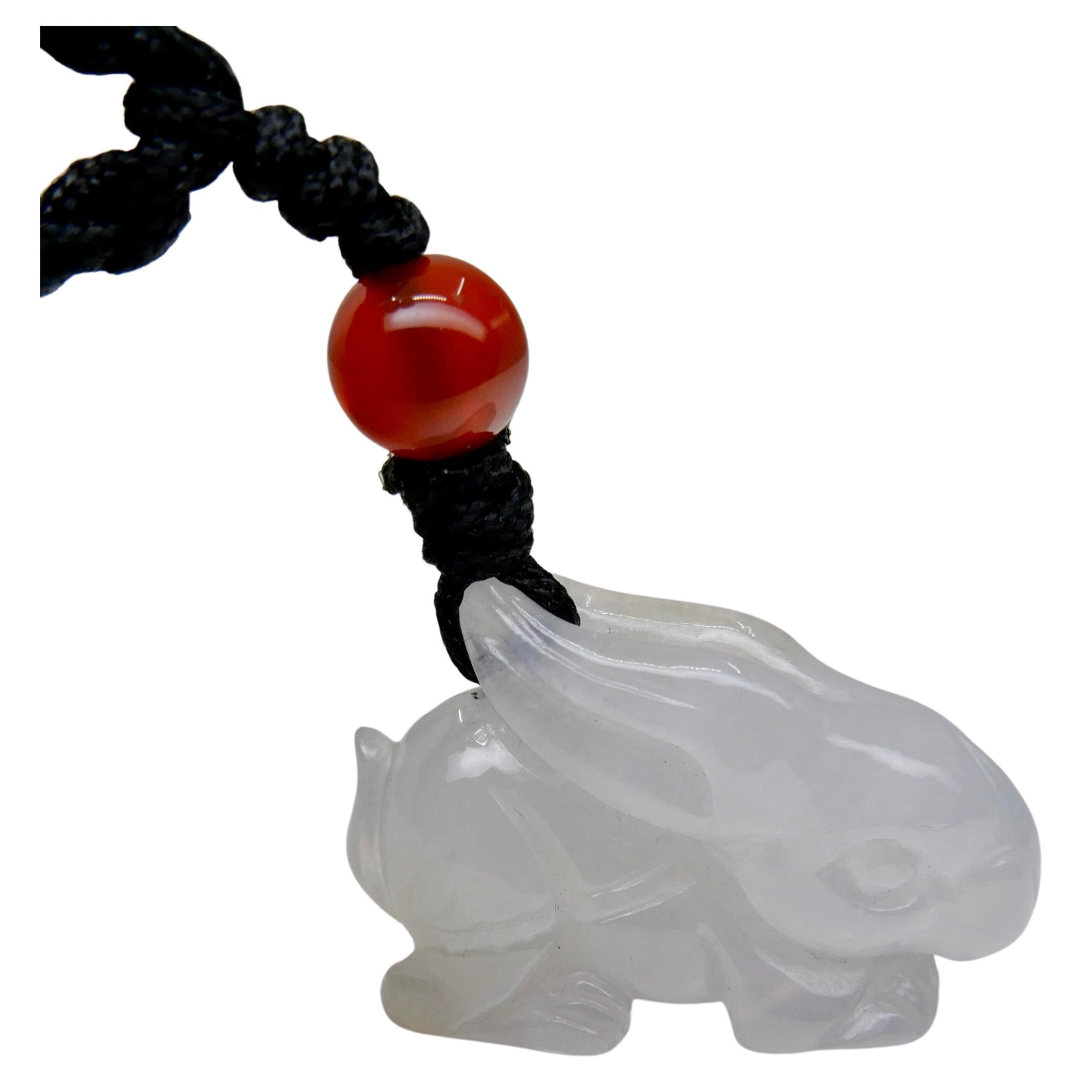 Certified Icy Jade 24mm x 16mm Rabbit Pendant Necklace, Year of the Rabbit