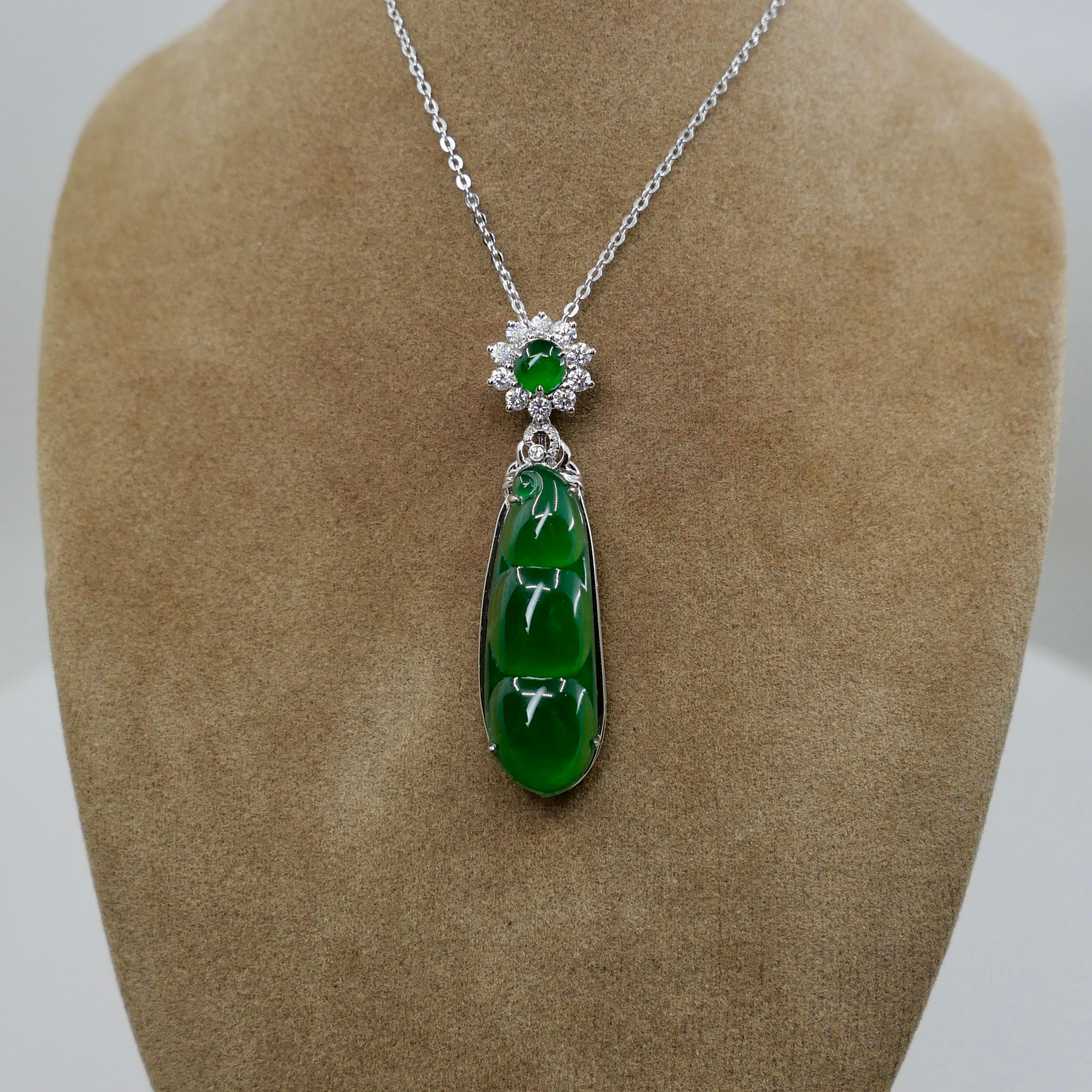 Certified Imperial Jade Peapod & Diamond Pendant Necklace. Collector's Item. For Sale 5