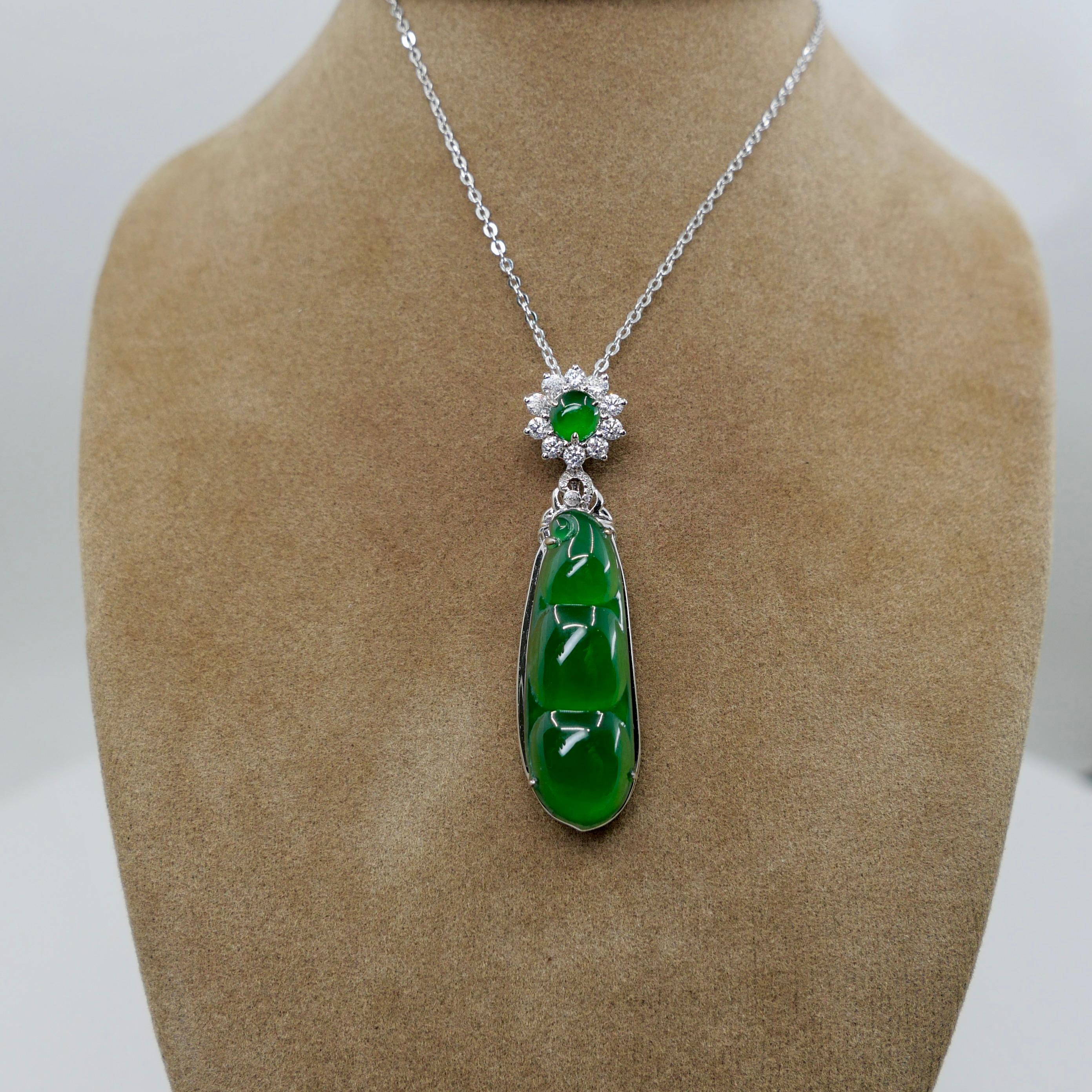 Certified Imperial Jade Peapod & Diamond Pendant Necklace. Collector's Item. For Sale 8